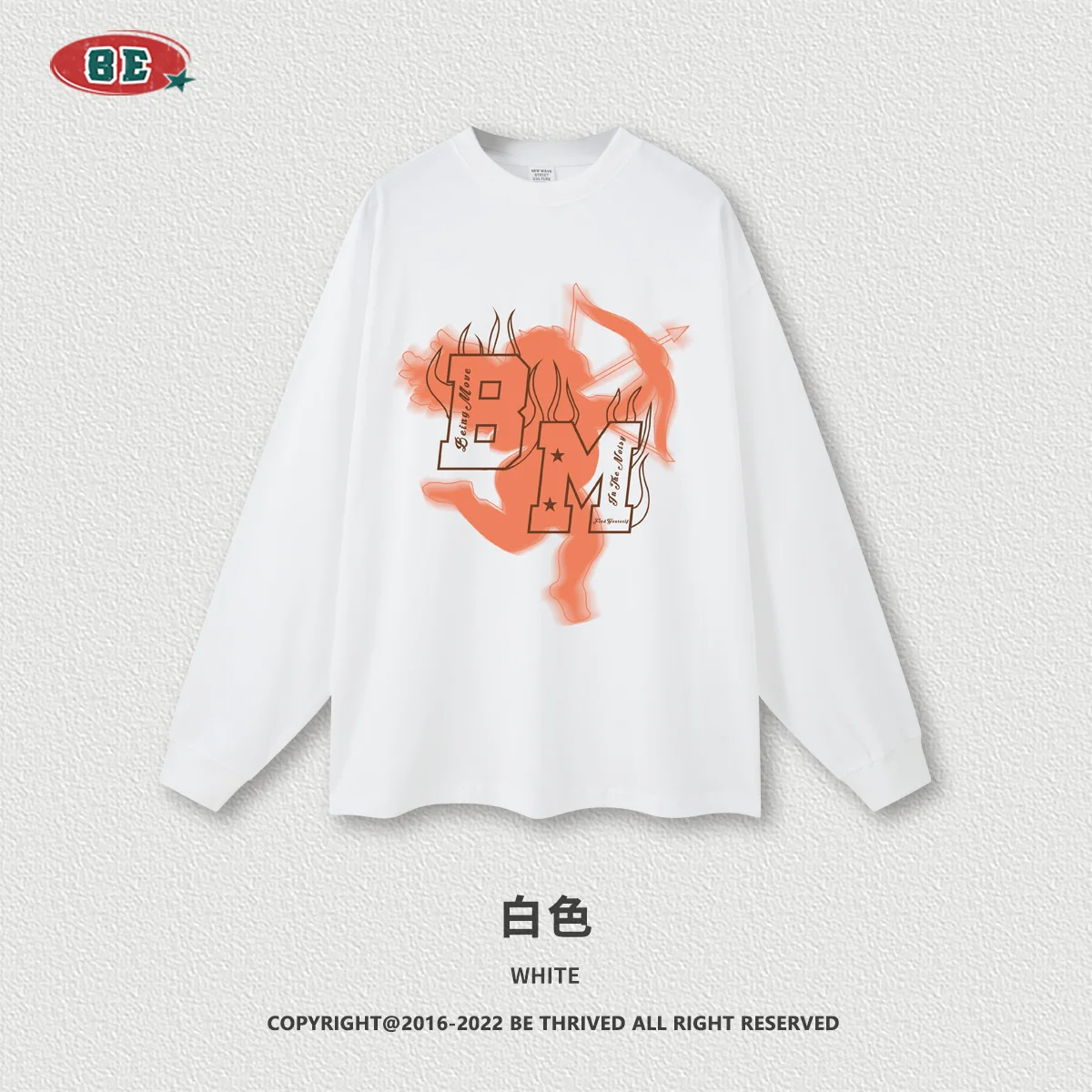BE Men's Wear | Осень / Зима 2023, Американская Фарфорово-шикарная футболка с принтом Купидона С длинным рукавом, Оверсайз, Свободный Процесс Прямого распыления
